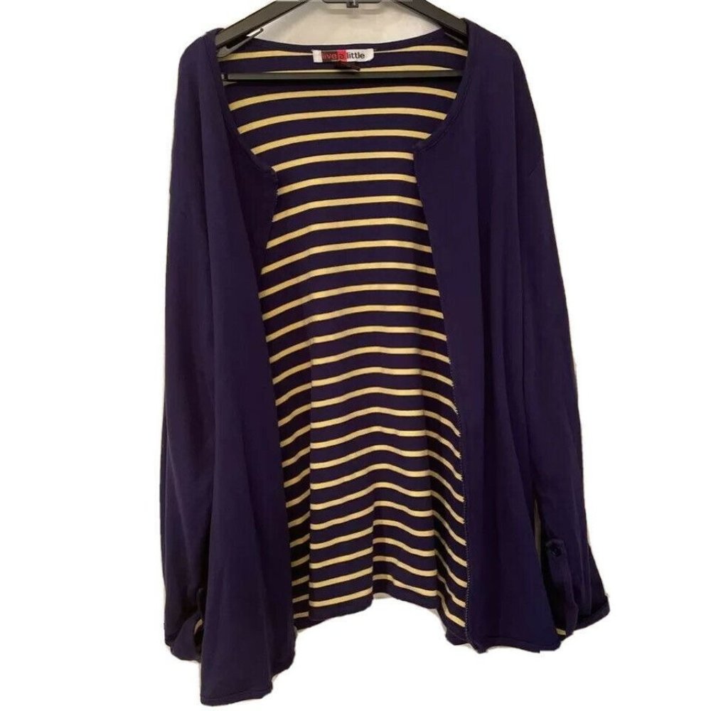 Live A Little Womens Knit Jacket Blue Yellow Stripe Zip Up Reversible Plus‎ 2X